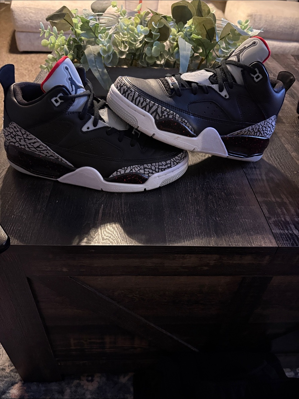 Black and White Kids Basketball Shoes with Red Accent